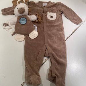 3 for $10 Cozy Brown Bear Kids Footie with matching stuffed animal teether